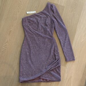 Speechless One-Shoulder Glitter Dress in a mauve silver.